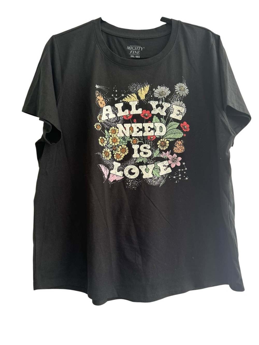 Mighty Fine Black Tee with Multicolor Floral & Butterfly Graphic XXL - Picture 1 of 3
